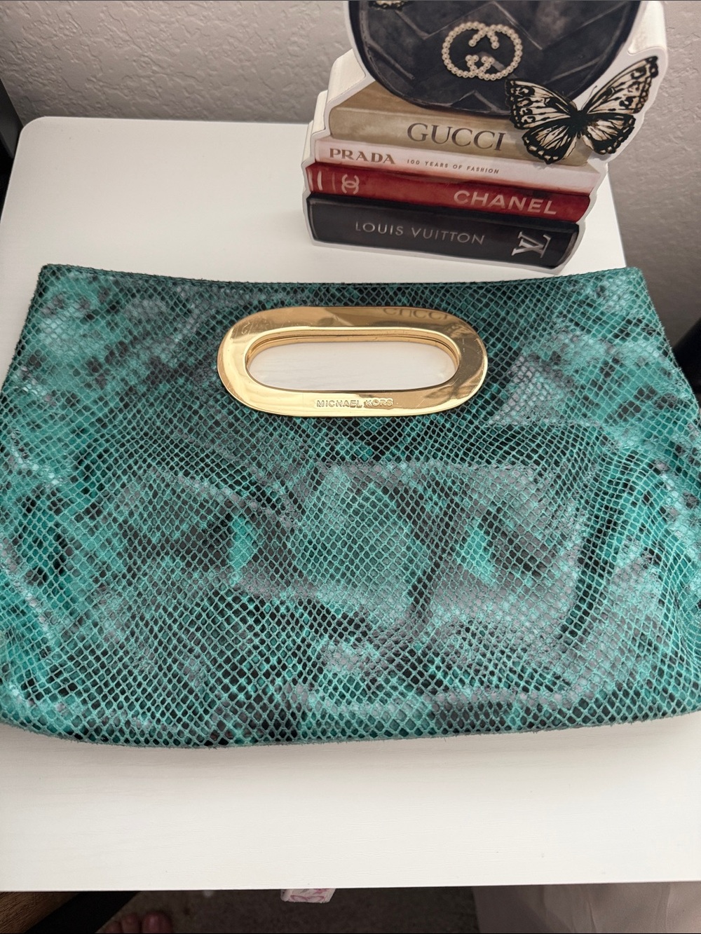 Michael Kors Teal Snake-Print Clutch with Gold Tone Handle